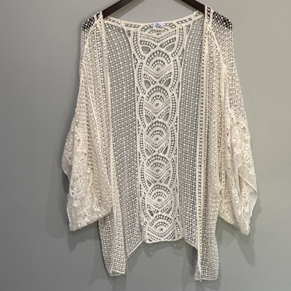 Sole Cream Crochet Lace Kimono Cardigan Open Front Boho Mesh Coverup One Size